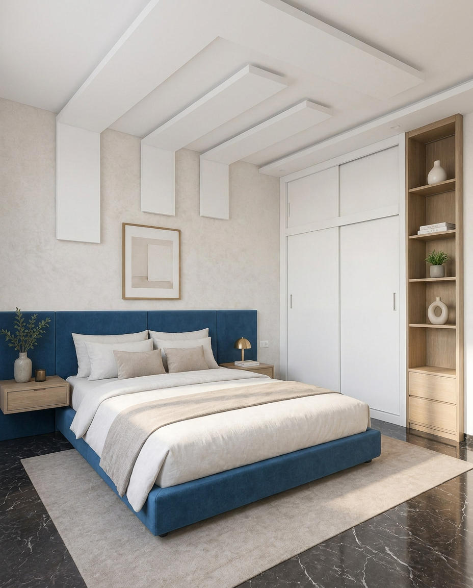 Chambre avec lit bleu nuit et couette blanche