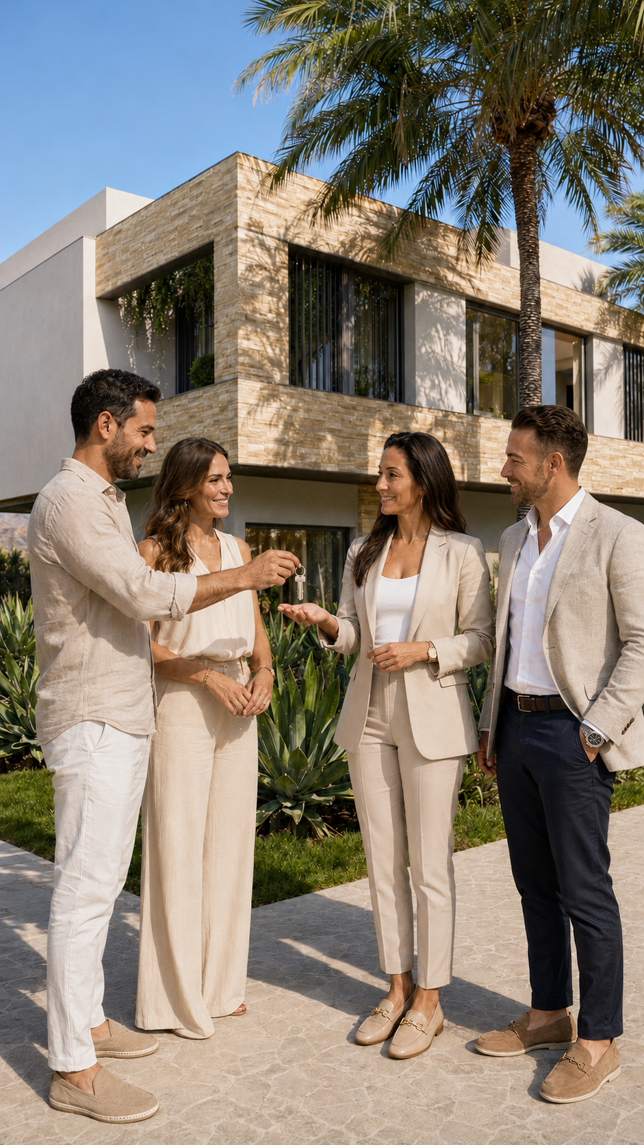 Remise des clés par un conseiller Dar Rbati à un jeune couple devant une villa à vendre à Aglou