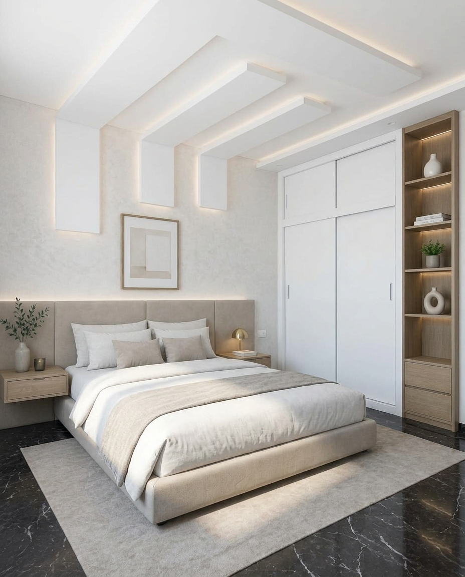 Chambre meublée avec lit beige et literie hôtelière