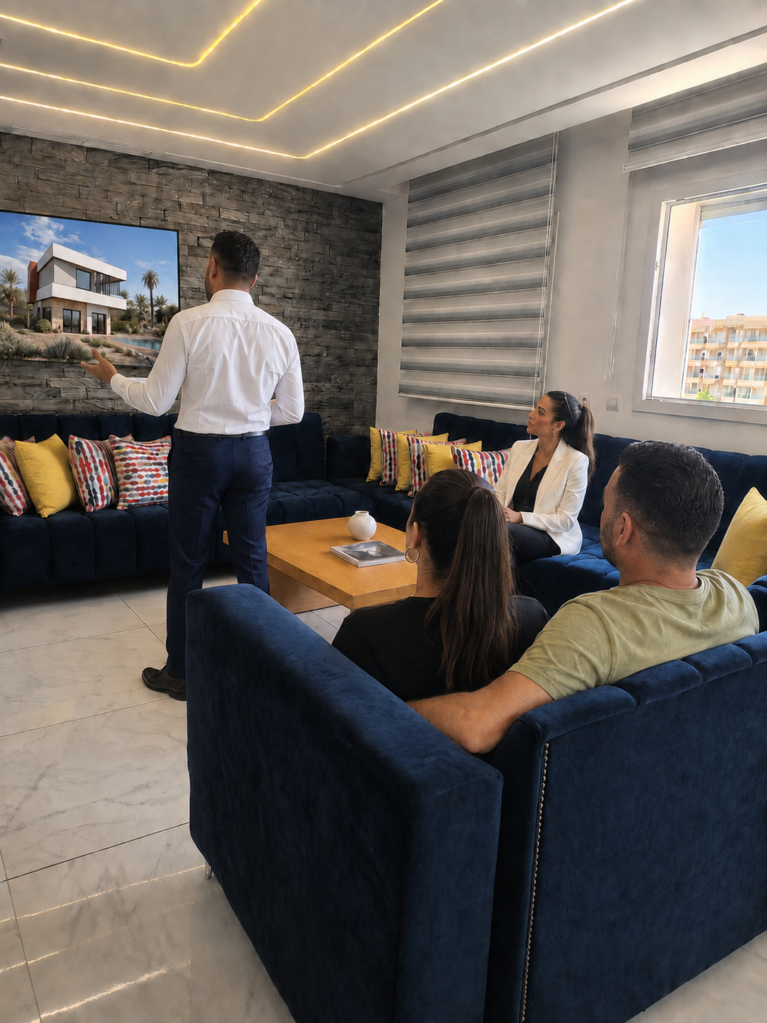 Michael, fondateur de Dar Rbati, présentant un projet de villa à des clients