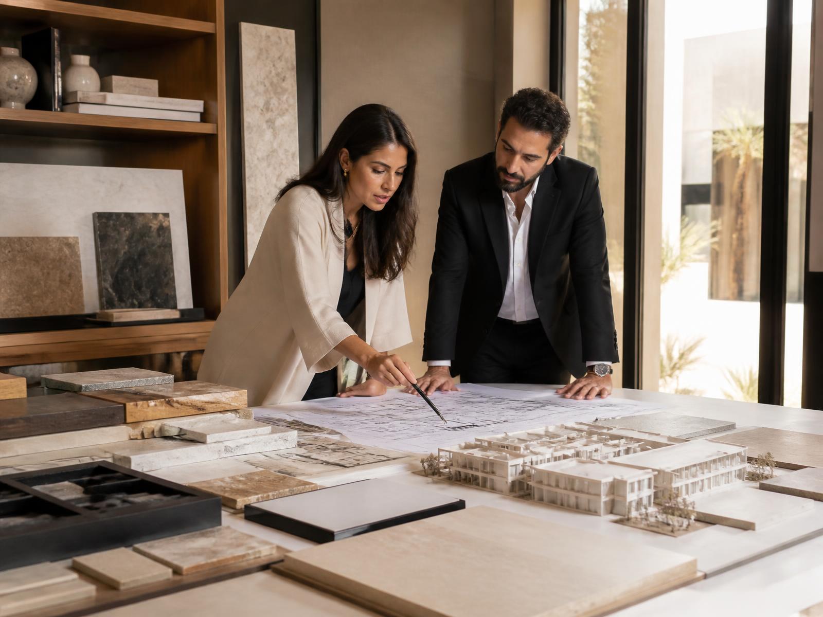Architecte et promoteur marocains examinant les plans et la maquette d'un programme résidentiel à Agadir