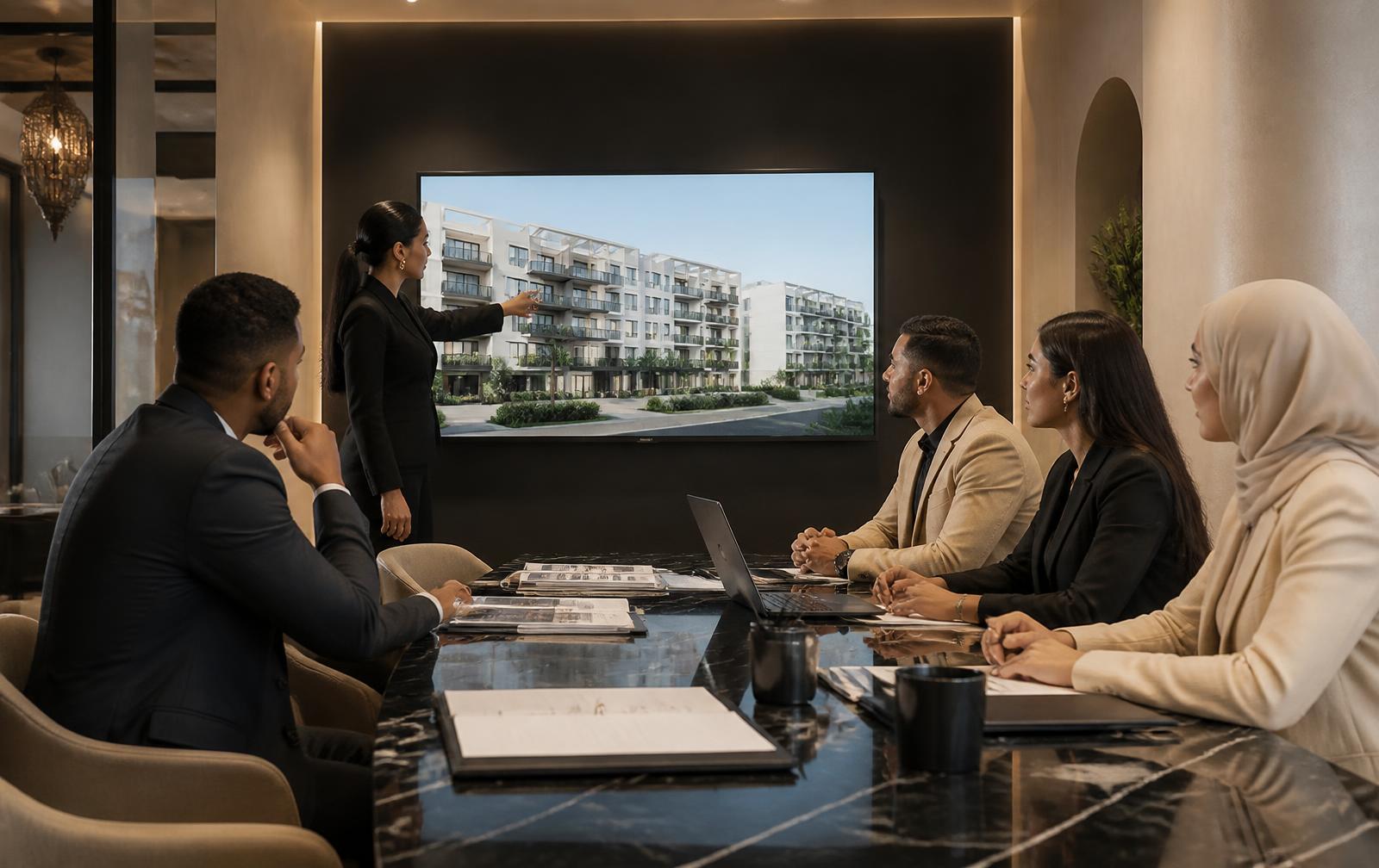 Équipe commerciale Dar Rbati présentant une campagne immobilière multicanale