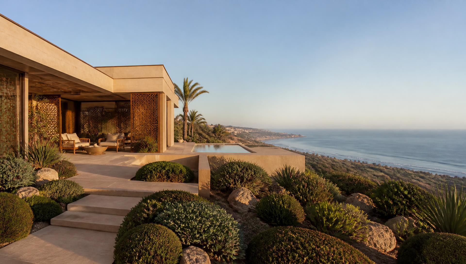 Programme résidentiel contemporain sur la côte d'Agadir au coucher du soleil