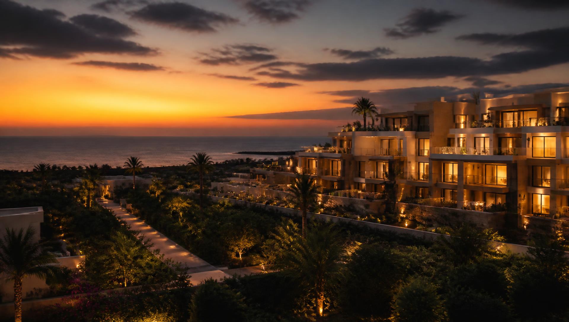 Programme immobilier marocain contemporain au coucher du soleil