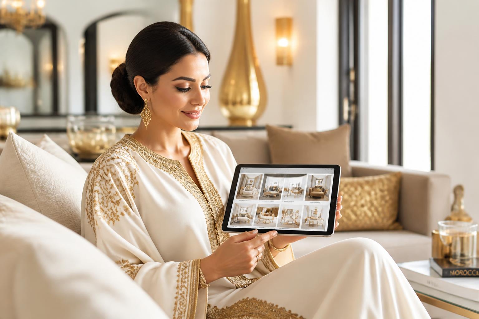 Cliente choisissant sa décoration et son ameublement sur tablette